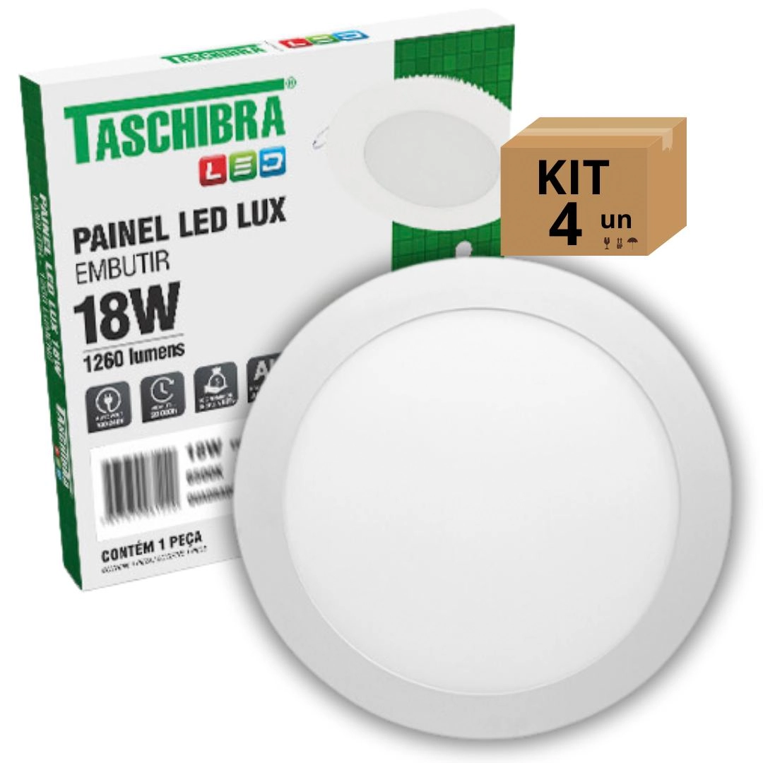 Kit 4un Painel Led Taschibra Embutir Redondo 18w 6500k