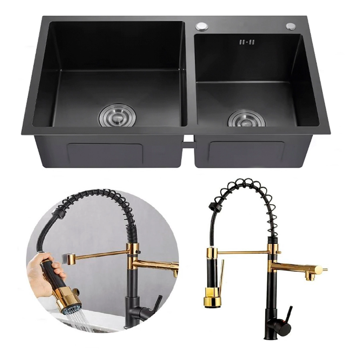Cuba Pia Gourmet Dupla Preta Aço Inox + Torneira Flexível