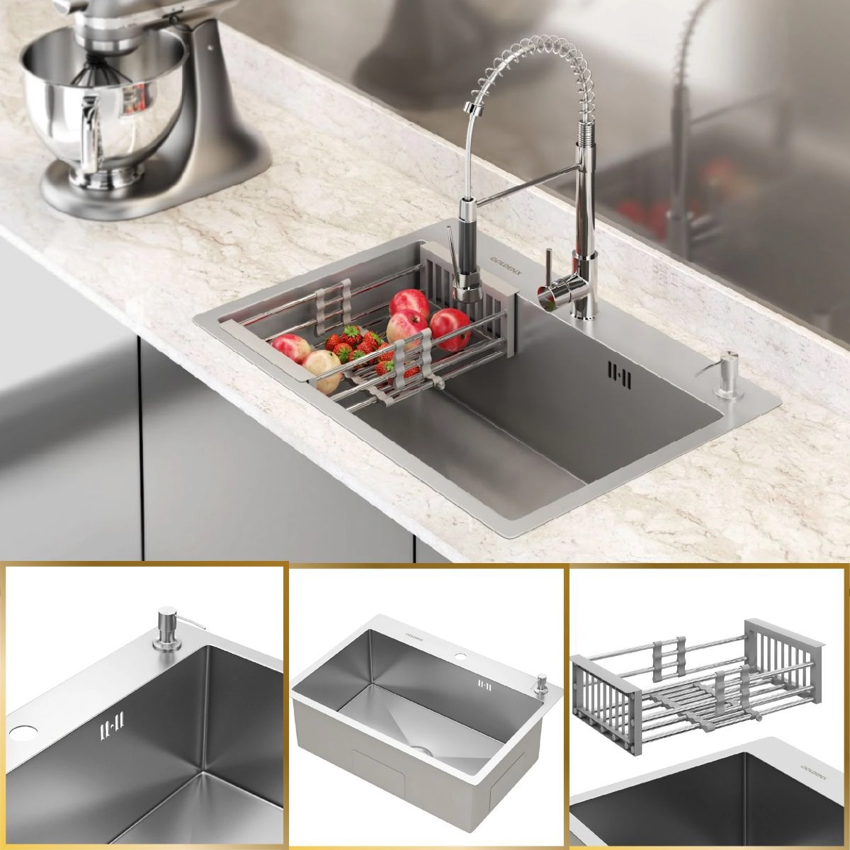 Cuba Cozinha Gourmet Quebec Quadrada 62cm Aço Inox 304 com Cesto Escorredor GoldenX