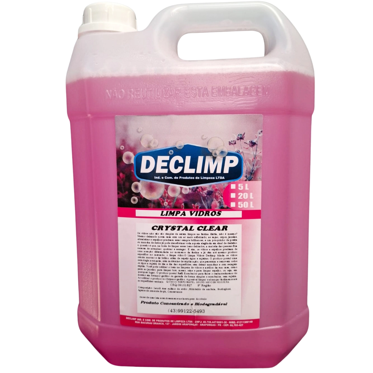 Limpa Vidros  5l Brilho Cristalino E Sem Marcas Declimp