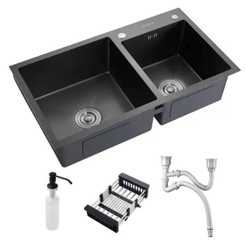 Cuba Pia Gourmet Dupla Preta Cozinha Aço Inox C/ Acessórios