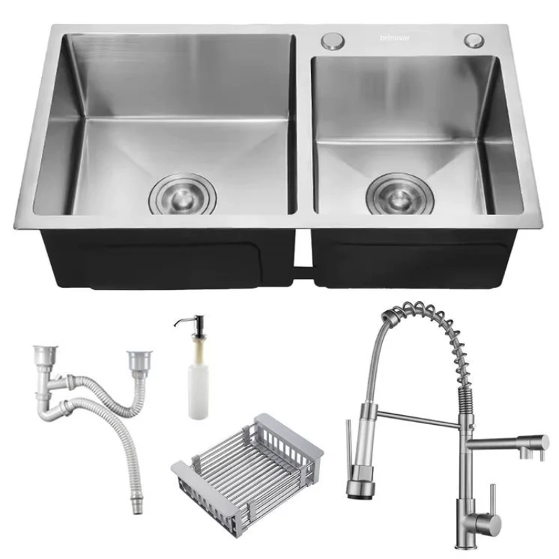 Cuba Dupla Quadrada Cozinha Gourmet Pia Aço Inox Acessórios + Torneira Monocomando Misturador Prata