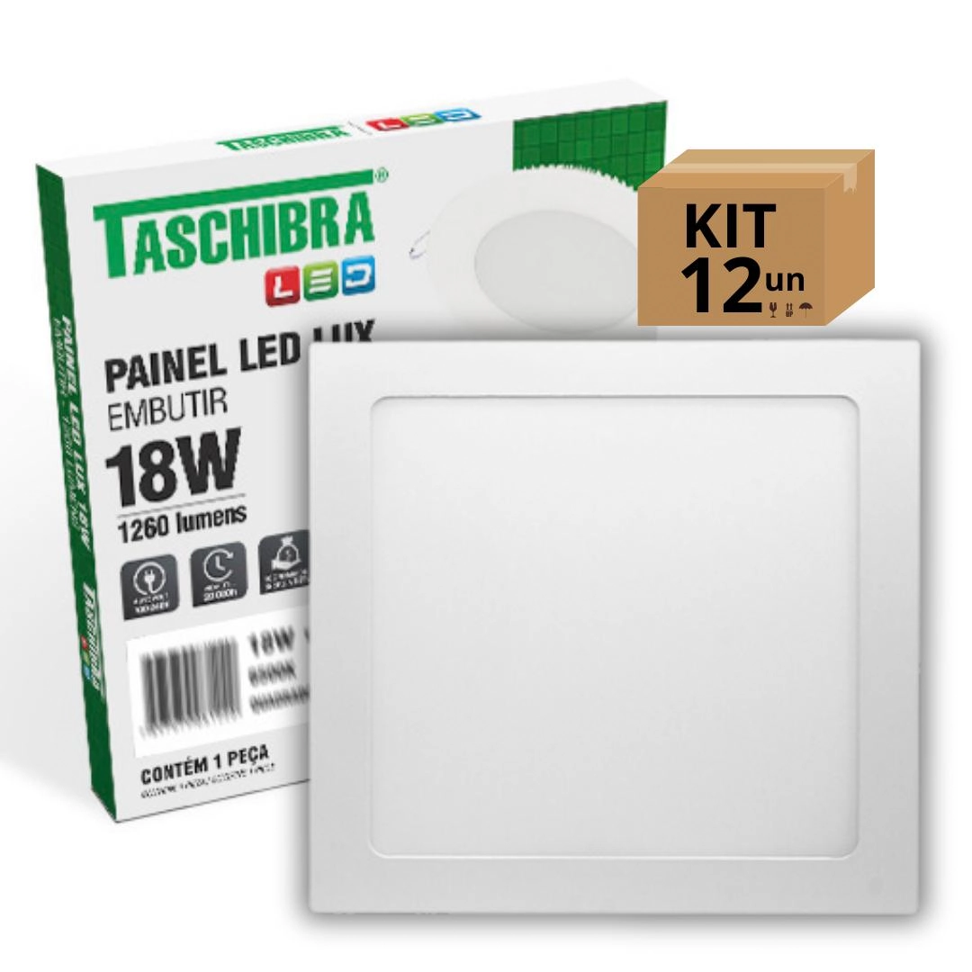 Kit 12un Painel Led Taschibra Embutir Quadrado 18w 6500k