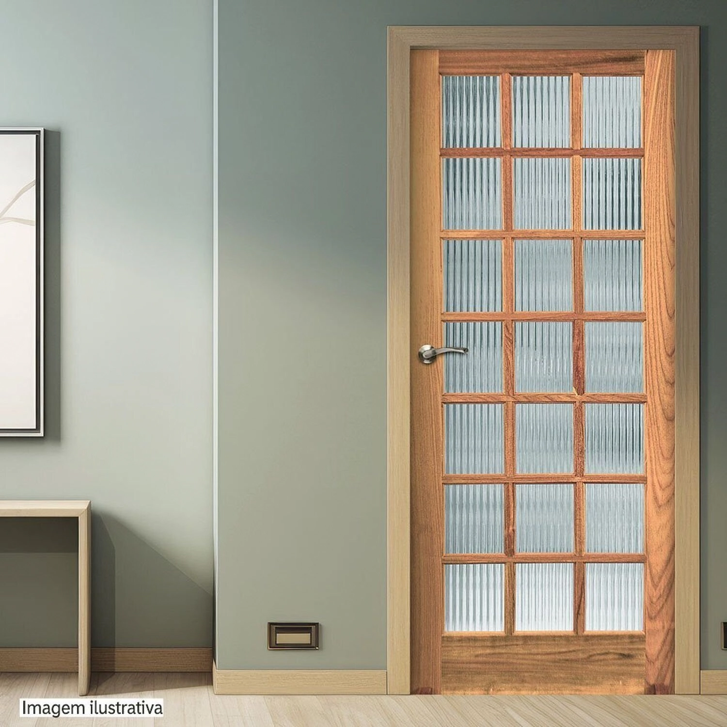 Folha De Porta De Madeira Maciça Tauari 210x72x3,3 Vidro Quadriculado Jomadi Natural
