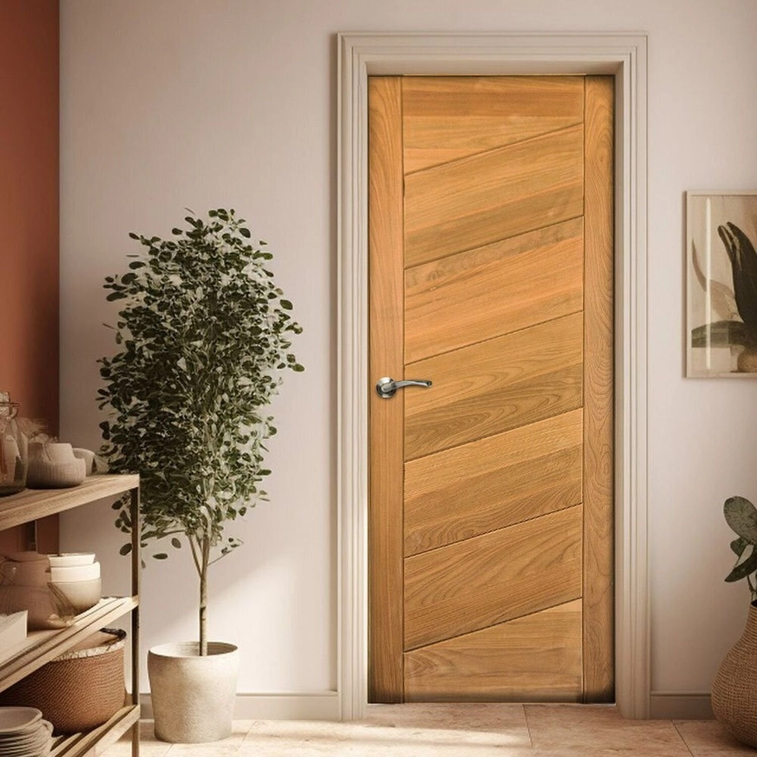 Folha De Porta De Madeira Maciça Tauari 210x72x3,3 Réguas Diagonais Jomadi Natural