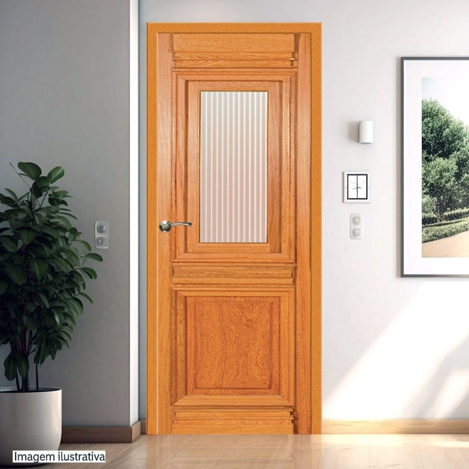 Folha De Porta De Madeira Maciça Tauari 210x72x3,3 Moldura E Detalhes Grade Jomadi Natural