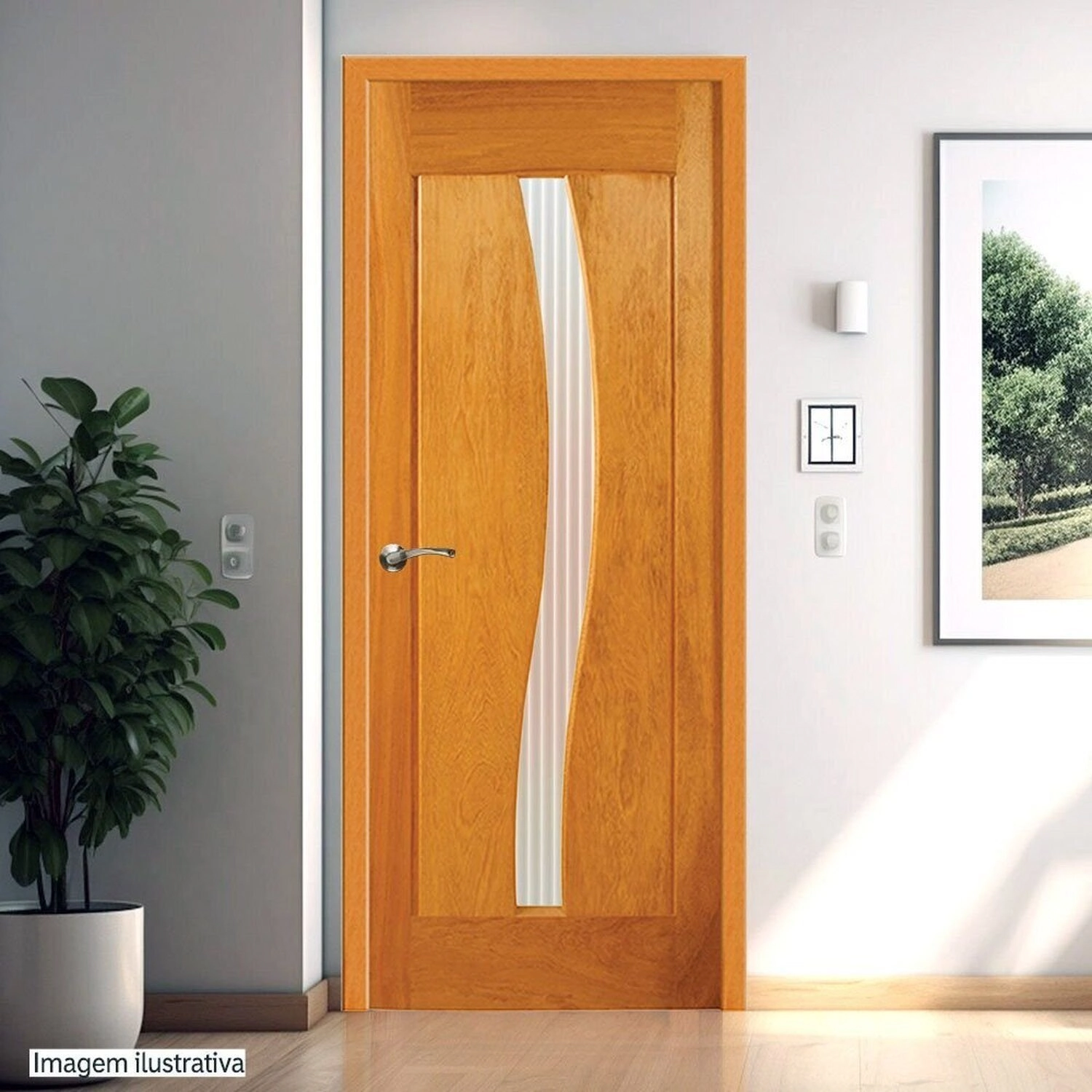 Folha De Porta De Madeira Maciça Tauari 210x70x3,3 Vidro Em S Jomadi Natural