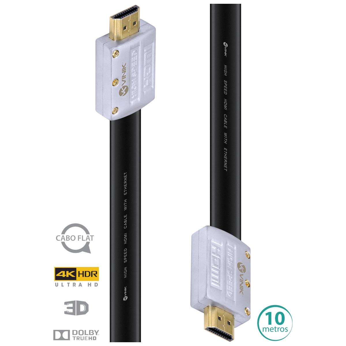 Cabo Hdmi 2.0 4k Ultra Hd 10 Metros 3d Ethernet Flat Com Conector Desmontavel H20fl-10 Vinik 29247