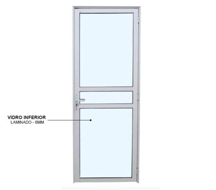 Porta De Alumínio Travessa Com Vidros Temperados Branca Esquerda - 210x90