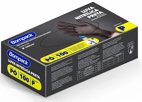 Luva Nitrilica Bompack Preta Sem Amido C/100 P