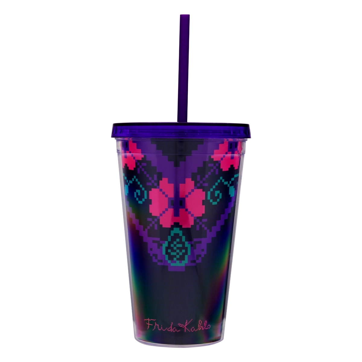Copo Plástico Com Canudo Azul Frida Kahlo Embroidery 500ml Poopstore