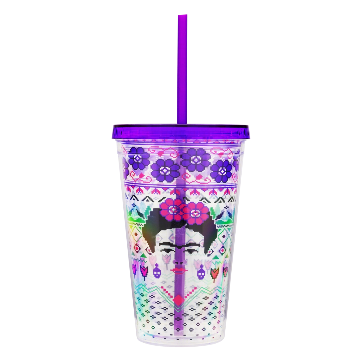 Copo Plástico Com Canudo Frida Kahlo Little Face 500ml Poopstore