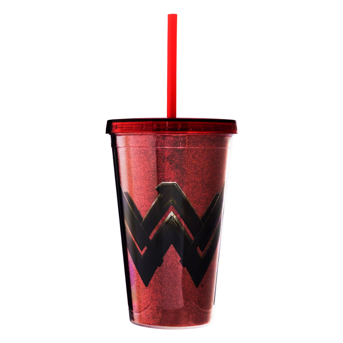 Copo Plástico Com Canudo Vermelho Wonder Woman Glitter 500ml Poopstore