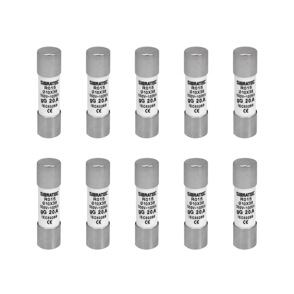 Kit Fusível Cartucho Retardado 10x38mm | 500v 100ka | Gg Ro15 20a 10 Pçs