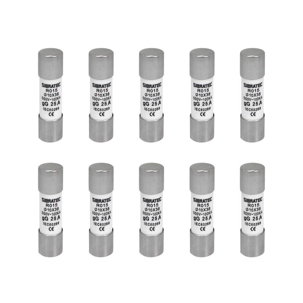 Kit Fusível Cartucho Retardado 10x38mm | 500v 100ka | Gg Ro15 25a 10 Pçs