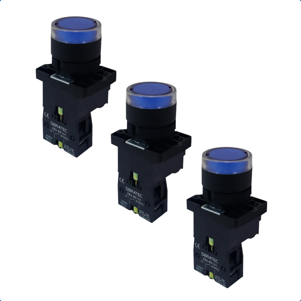 Kit Botão De Impulso Iluminado | Plástico | Ew3661 24v 1na | Azul 3 Pçs