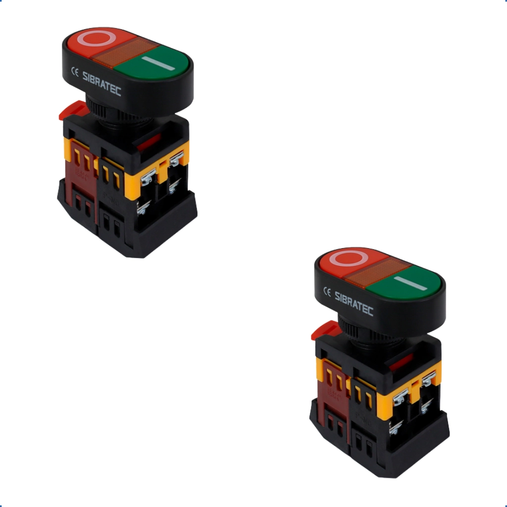 Kit Botão Duplo Apb22 Arredondado | Liga/desliga | Iluminado 24vcc/vca | 1na+1nf 2 Pçs