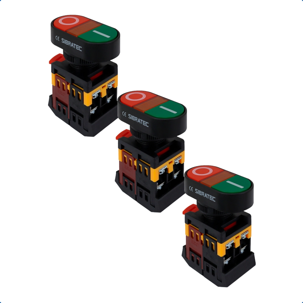Kit Botão Duplo Apb22 Arredondado | Liga/desliga | Iluminado 24vcc/vca | 1na+1nf 3 Pçs
