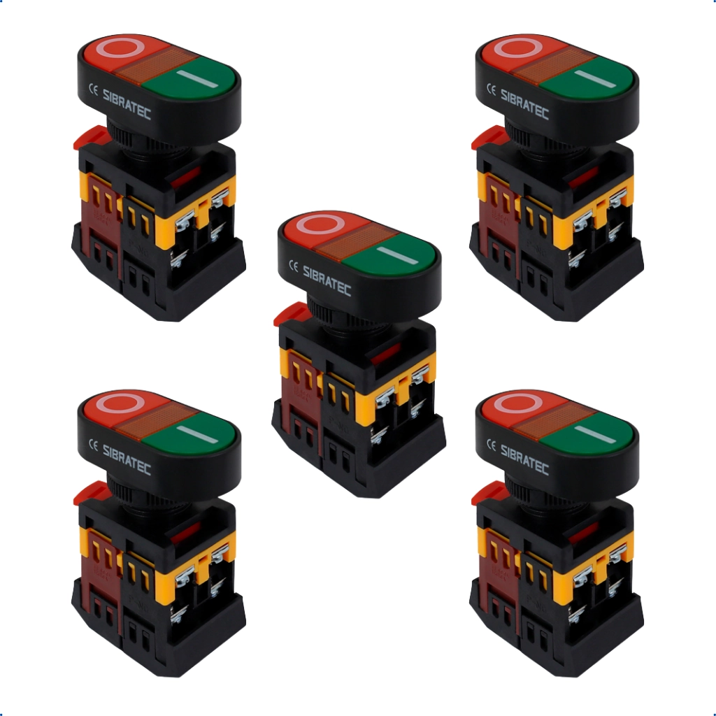 Kit Botão Duplo Apb22 Arredondado | Liga/desliga | Iluminado 24vcc/vca | 1na+1nf 5 Pçs