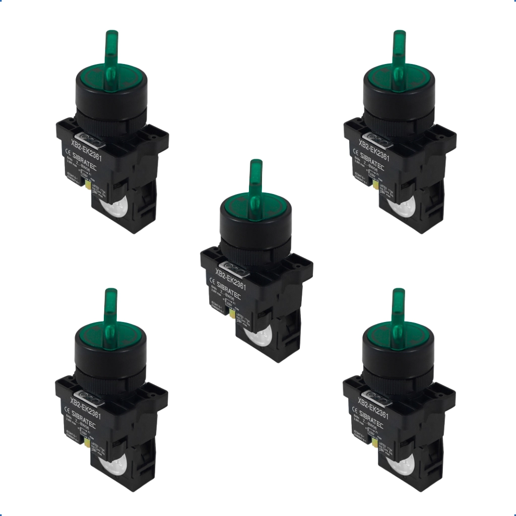 Kit Chave Seletora Iluminada Plástica | Xb2 Ek2361 220vca | 1na 2 Posições | Verde 5 Pçs