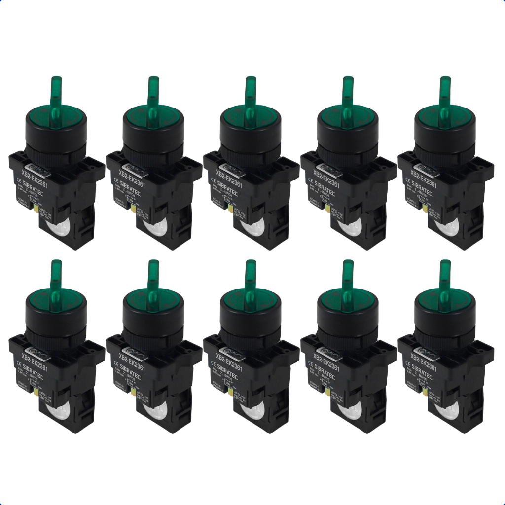 Kit Chave Seletora Iluminada Plástica | Xb2 Ek2361 220vca | 1na 2 Posições | Verde 10 Pçs