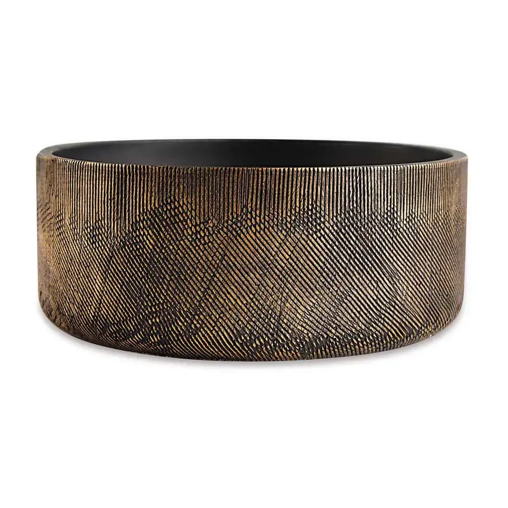 Cachepô Em Cimento Curto Preto E Dourado