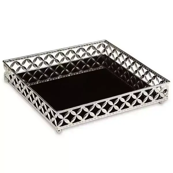 Bandeja Prata em Metal com Espelho Preto Pequena MART 11418