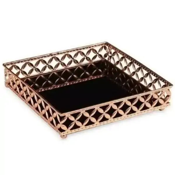Bandeja Quadrada Cobre em Metal Grande com Espelho Preto MART 11422