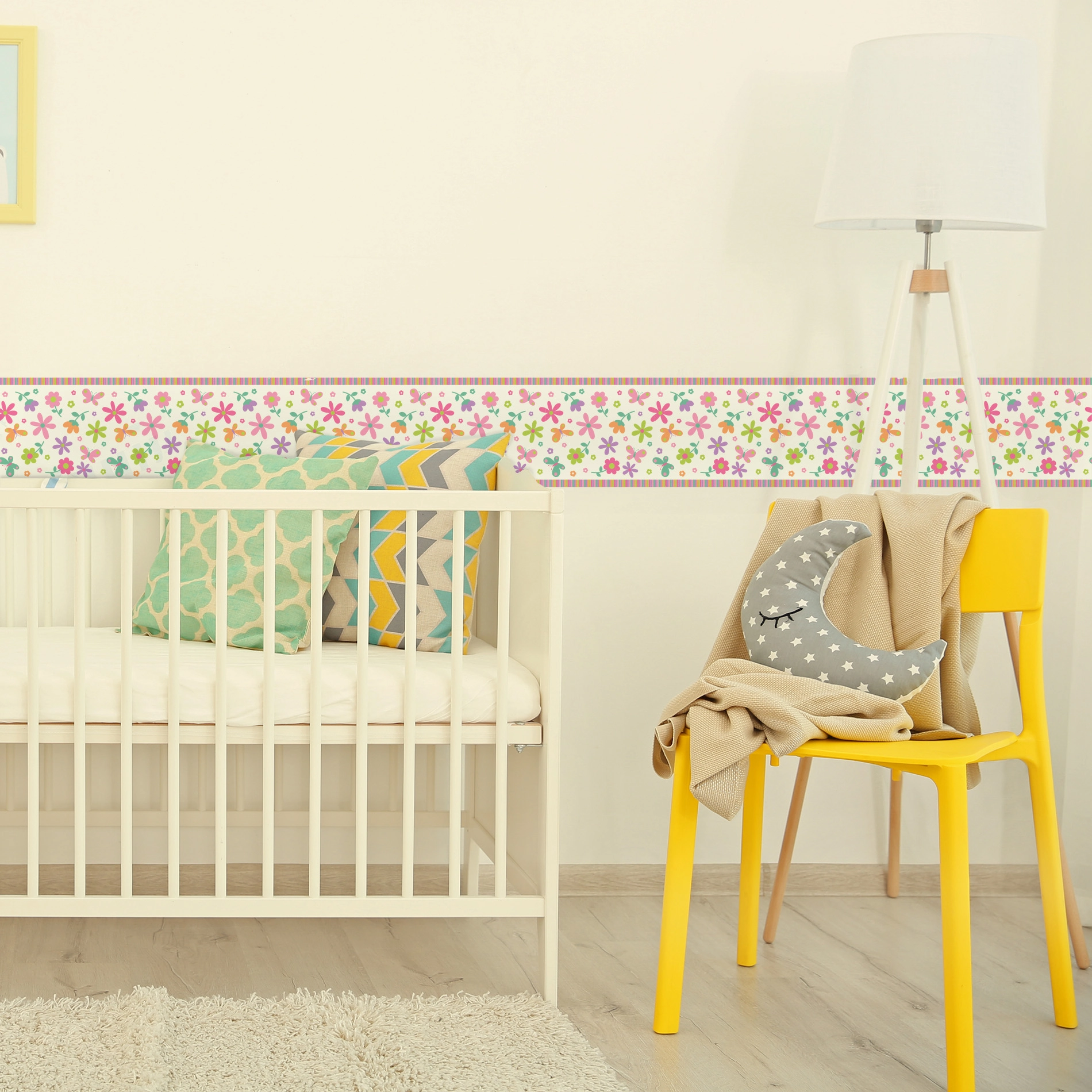Faixa Floral para Quarto de Bebê Adesiva Borboletas 10mx10cm