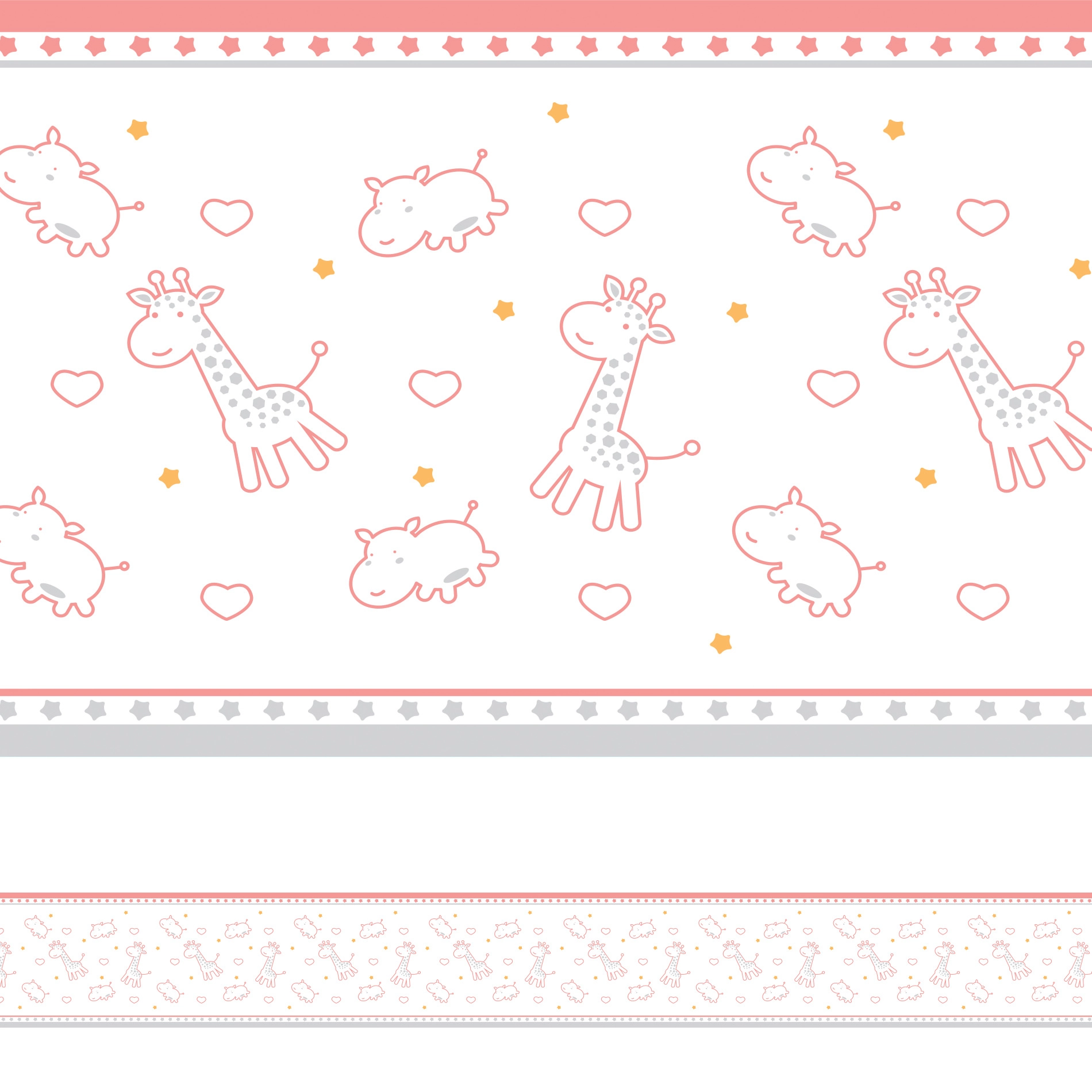 Faixa Decorativa Infantil Girafa e Hipopótamo Rosa 3mx15cm