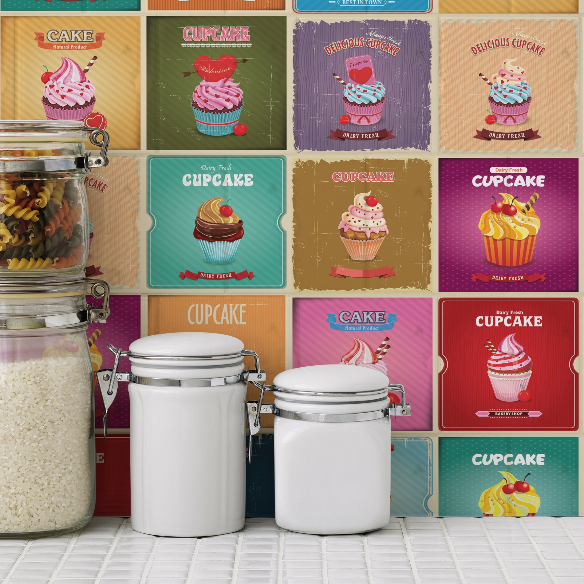 Adesivo de Azulejo Cozinha Vintage Cup Cake 10x10cm 50un