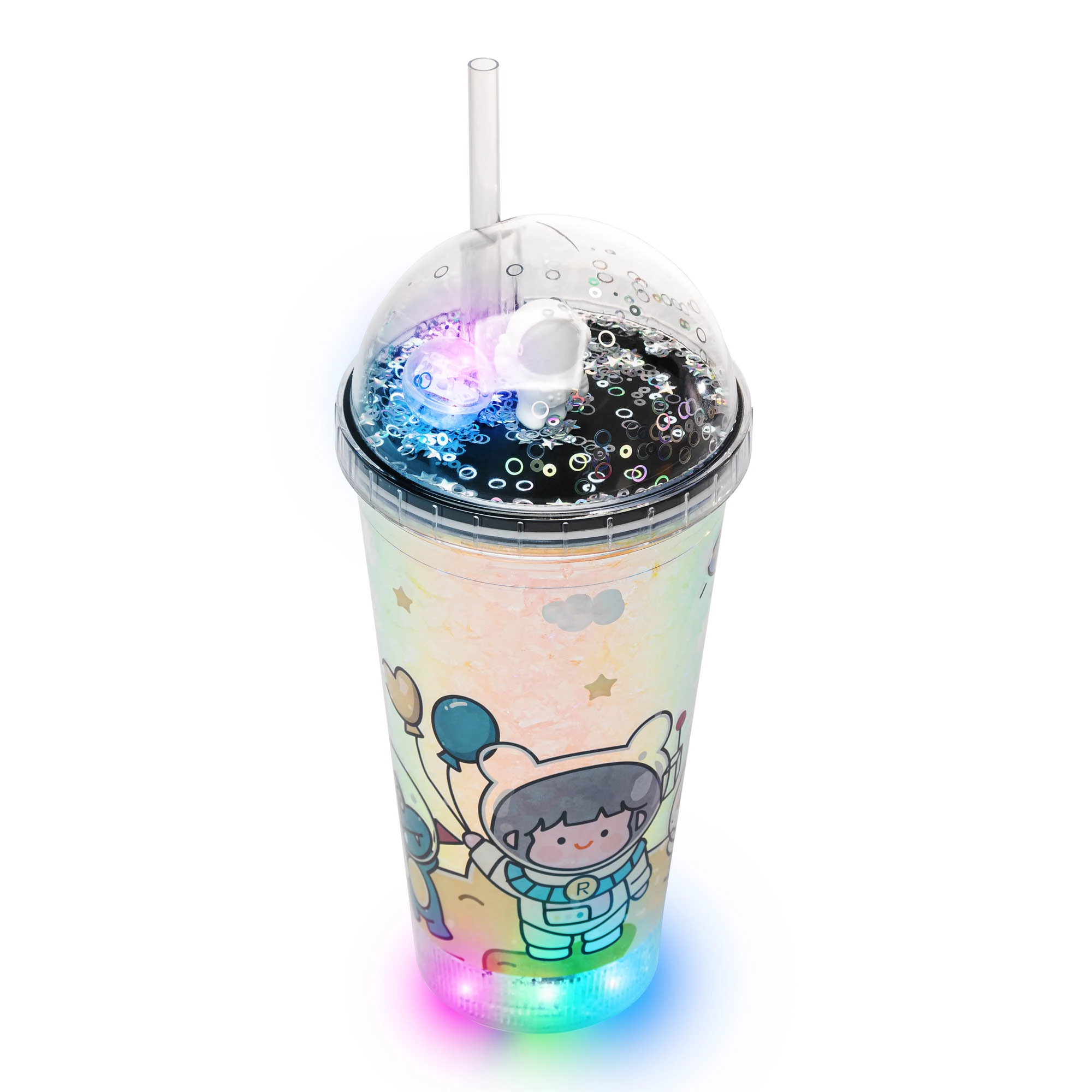 Copo Platico Canudo Luz Led Astronauta 460ml 220708 Rojemac