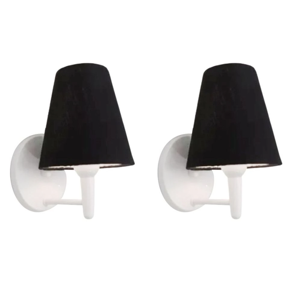 Kit/2 Arandela Cone Md-2004 Base Branco Cúpula Em Tecido 14/14x07cm Preto - Bivolt