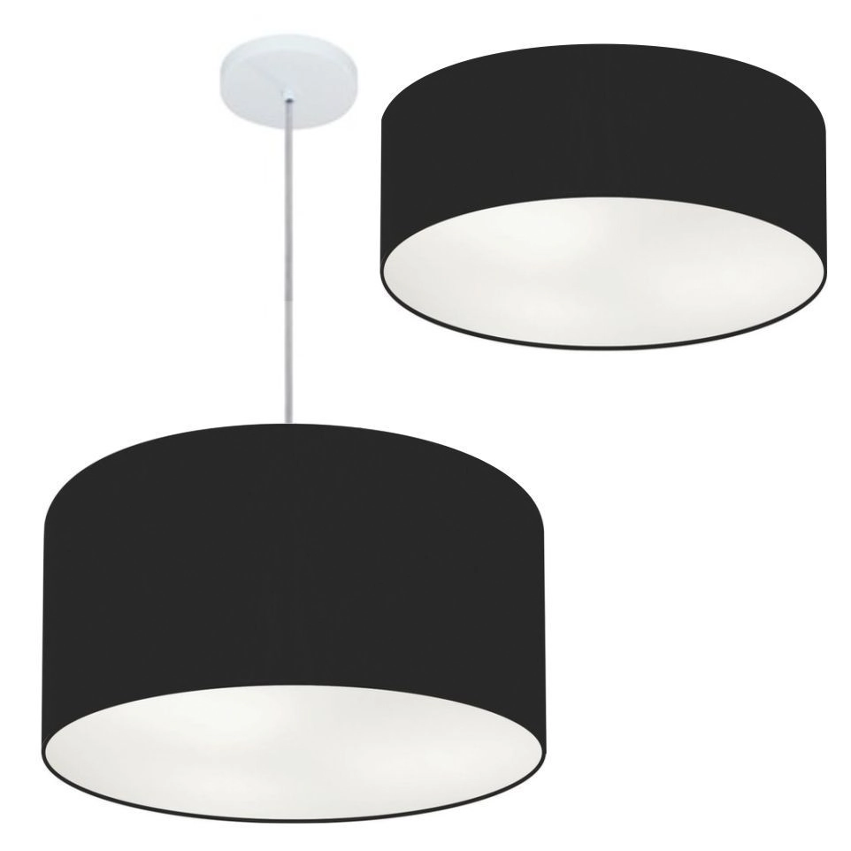 Kit Plafon Cilíndrico Md-3005 E Pendente Md-4019 Cúpula Em Tecido 40cm Preto - Bivolt