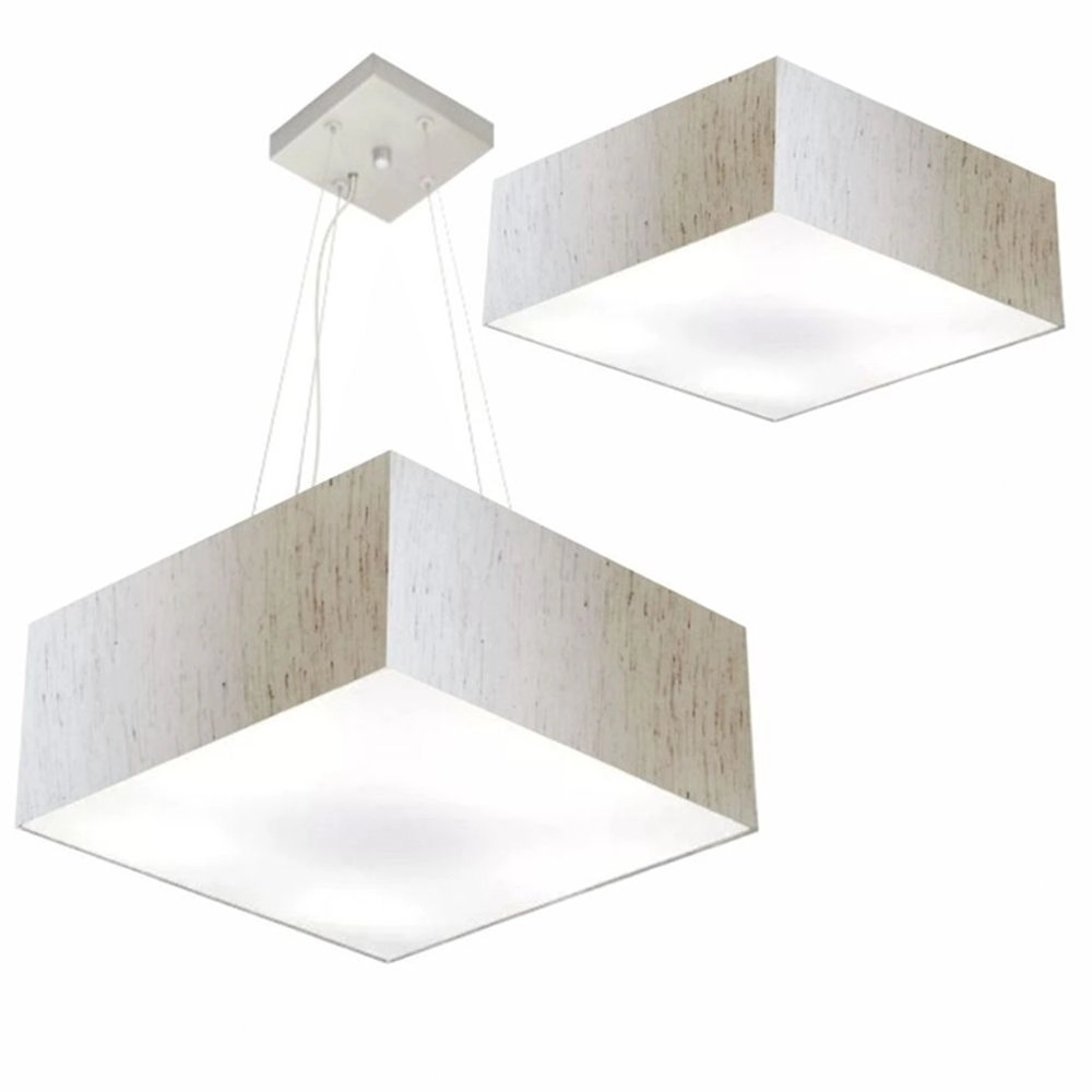 Kit Plafon Quadrado Md-3002 E Pendente Md-4032 Cúpula Em Tecido 50x50cm Linho Bege - Bivolt