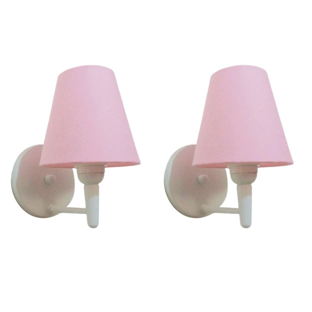 Kit/2 Arandela Cone Md-2004 Base Branco Cúpula Em Tecido 14/14x07cm Rosa Tela - Bivolt