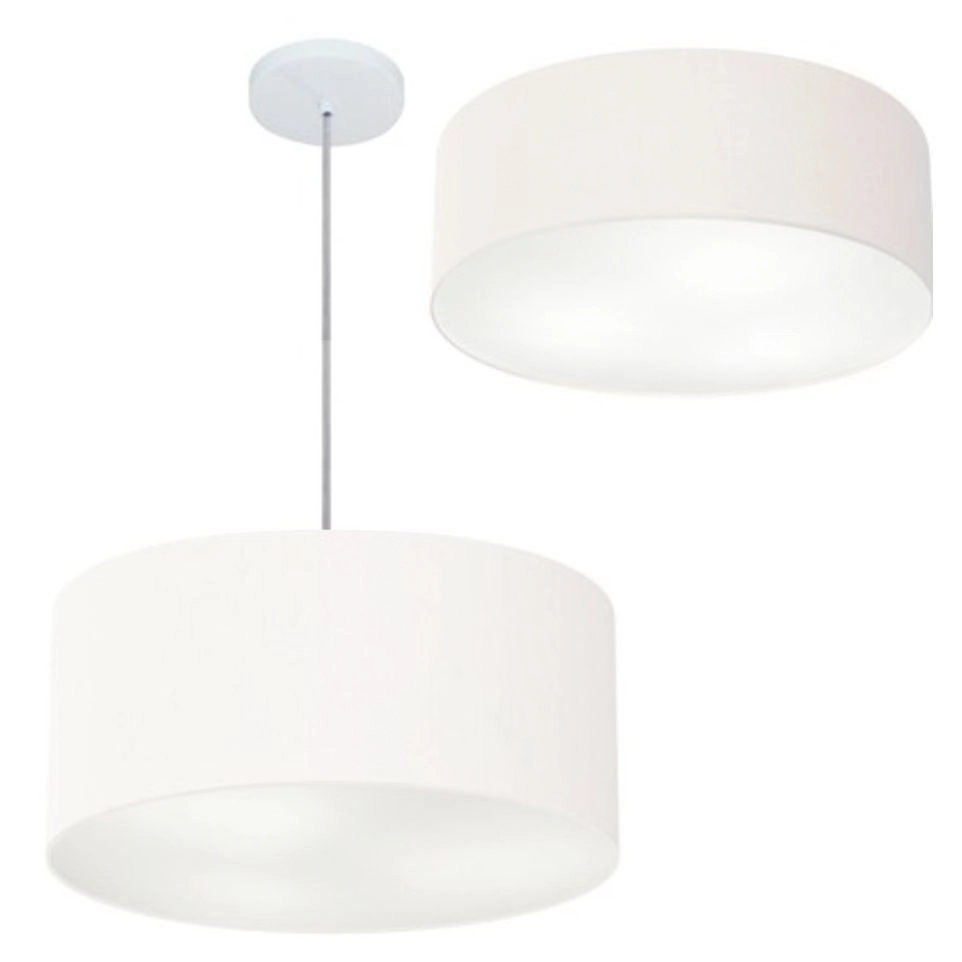 Kit Plafon Cilíndrico Md-3005 E Pendente Md-4019 Cúpula Em Tecido 40cm Branco - Bivolt