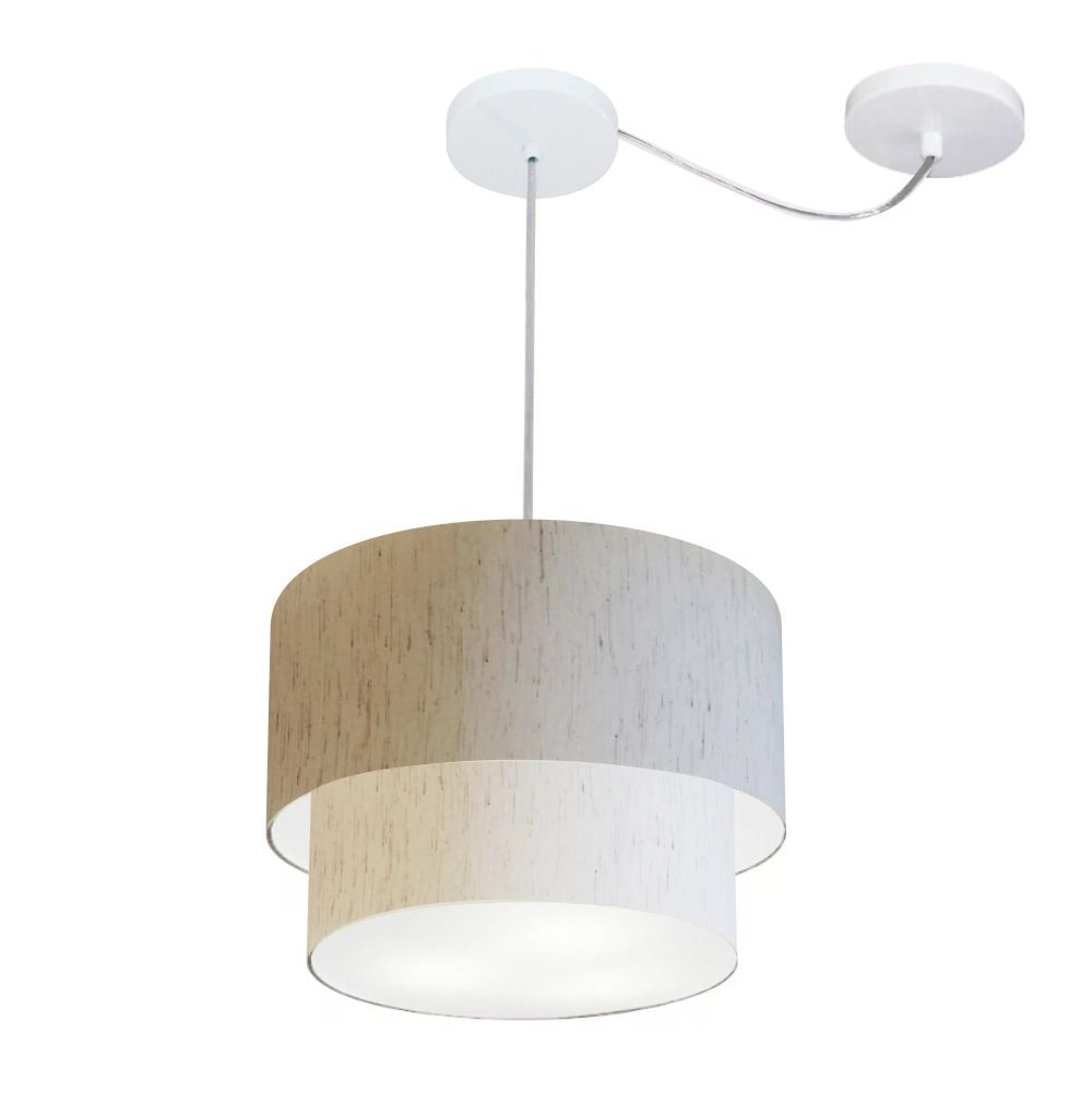 Pendente Duplo Cilíndrico Com Desvio De Centro Vivare Md-4358 Cúpula Em Tecido 30x25cm - Linho Bege - 110v/220v