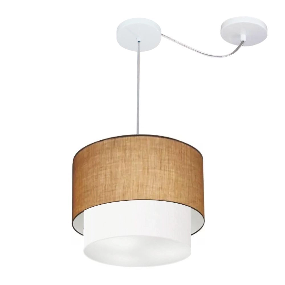 Pendente Duplo Cilíndrico Com Desvio De Centro Vivare Md-4358 Cúpula Em Tecido 30x25cm - Palha / Branco - 110v/220v