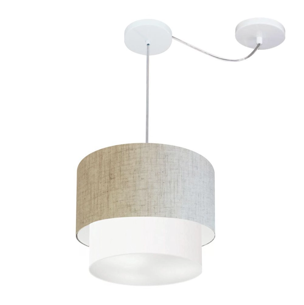 Pendente Duplo Cilíndrico Com Desvio De Centro Vivare Md-4358 Cúpula Em Tecido 30x25cm Rustico Bege/Branco - 110v/220v
