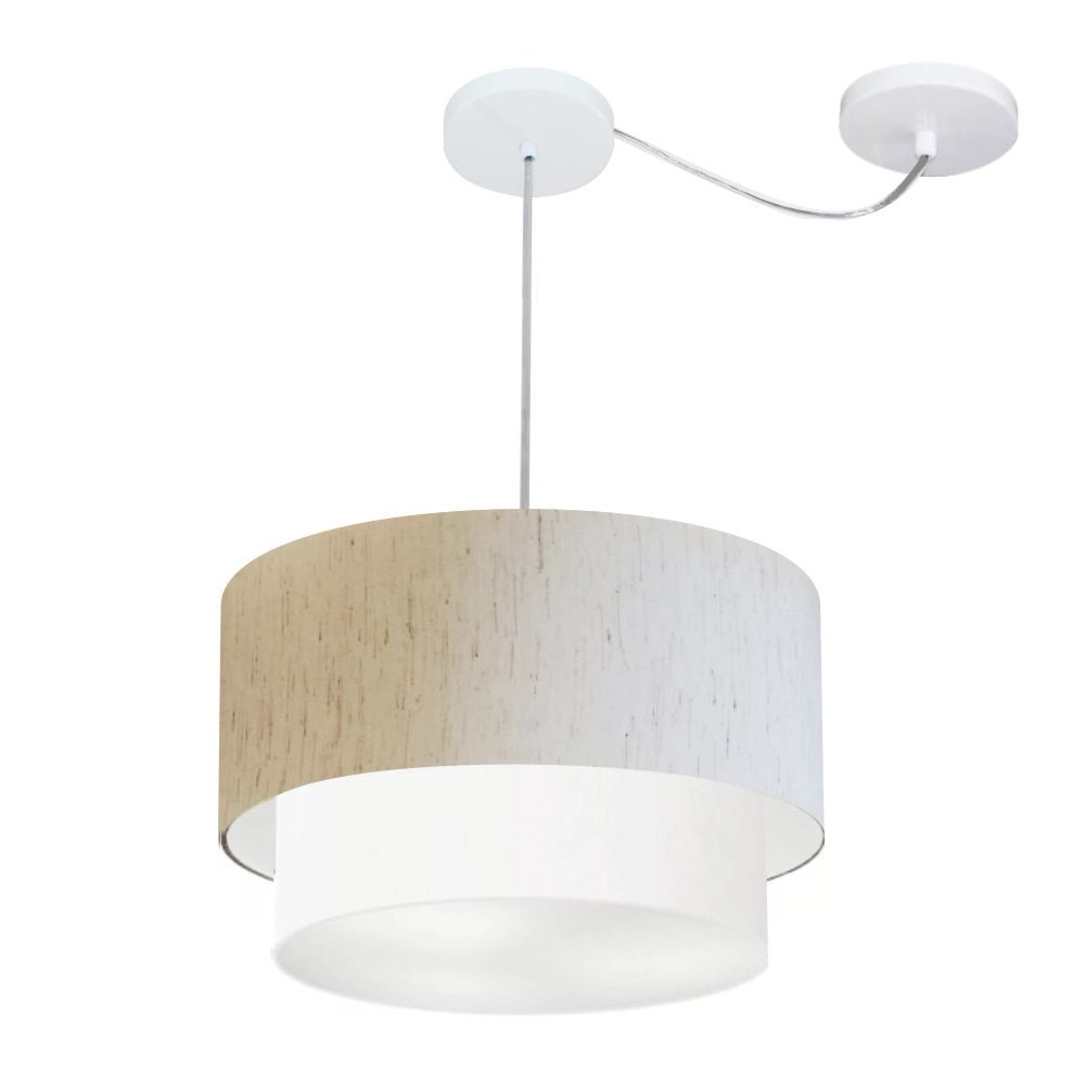 Pendente Duplo Cilíndrico Com Desvio De Centro Vivare Md-4359 Cúpula Em Tecido 40x35cm - Linho Bege / Branco - 110v/220v