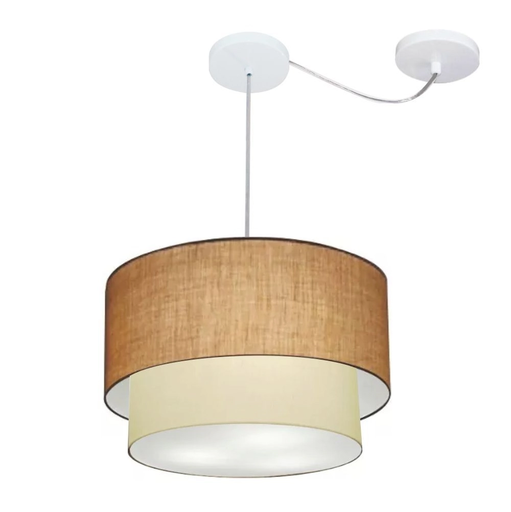 Pendente Duplo Cilíndrico Com Desvio De Centro Vivare Md-4359 Cúpula Em Tecido 40x35cm - Palha/Bege - 110v/220v