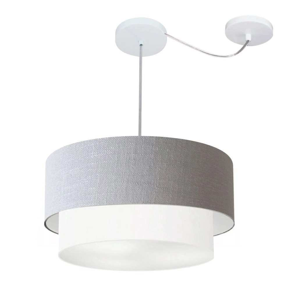 Pendente Duplo Cilíndrico Com Desvio De Centro Vivare Md-4360 Cúpula Em Tecido 45x40cm Rustico Cinza/Branco - 110v/220v