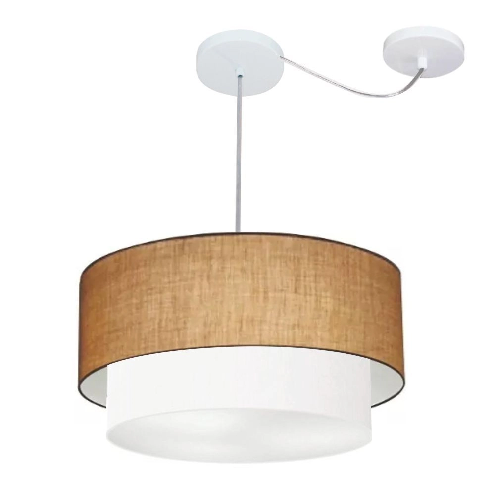 Pendente Duplo Cilíndrico Com Desvio De Centro Vivare Md-4360 Cúpula Em Tecido 45x40cm - Palha/Branco - 110v/220v