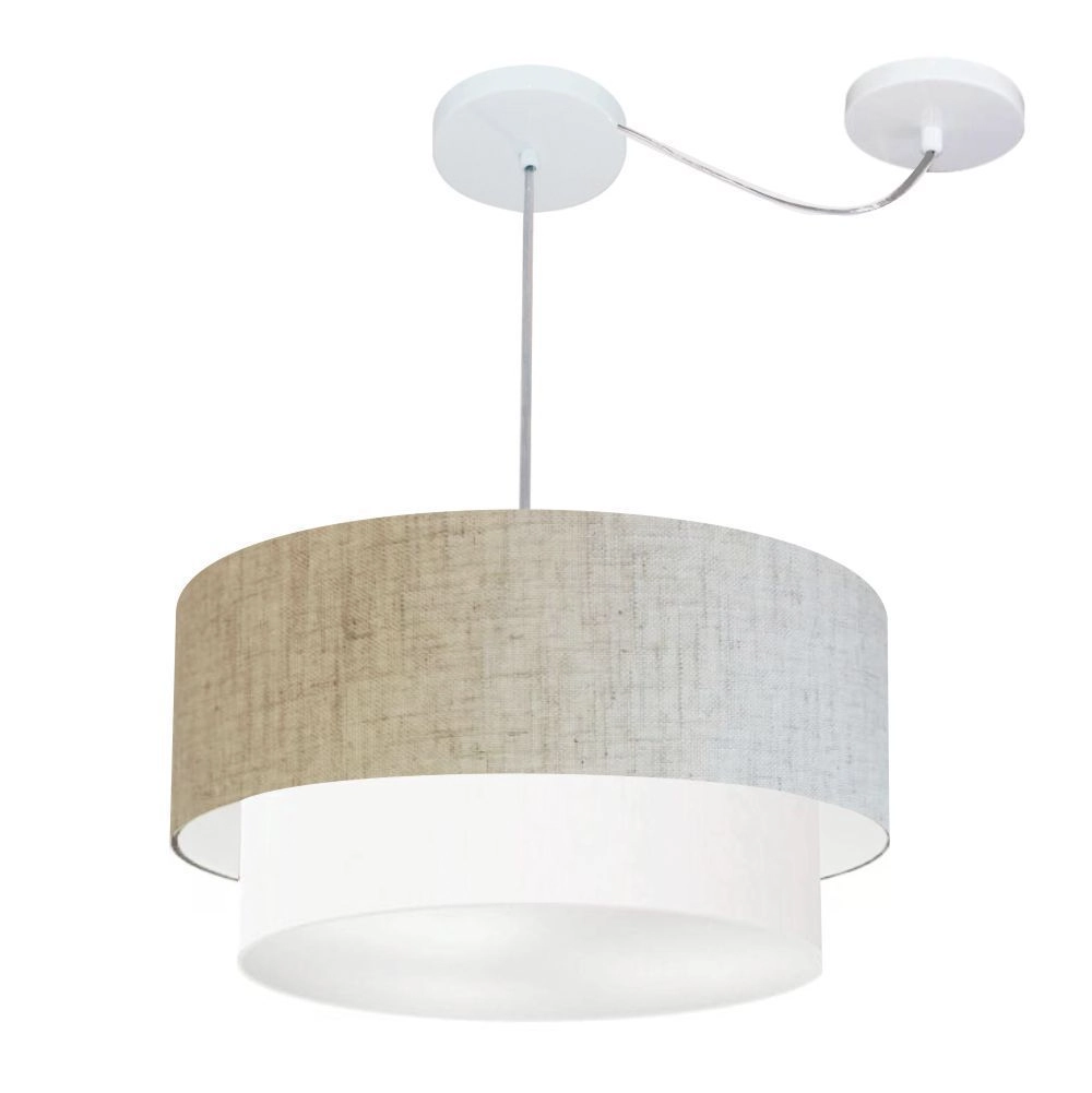 Pendente Duplo Cilíndrico Com Desvio De Centro Vivare Md-4360 Cúpula Em Tecido 45x40cm - Rustico Bege/Branco - 110v/220v