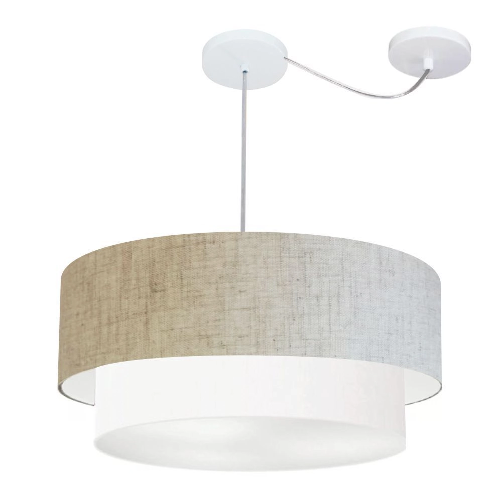 Pendente Duplo Cilíndrico Com Desvio De Centro Vivare Md-4363 Cúpula Em Tecido 60x50cm - Rustico Bege/Branco - 110v/220v