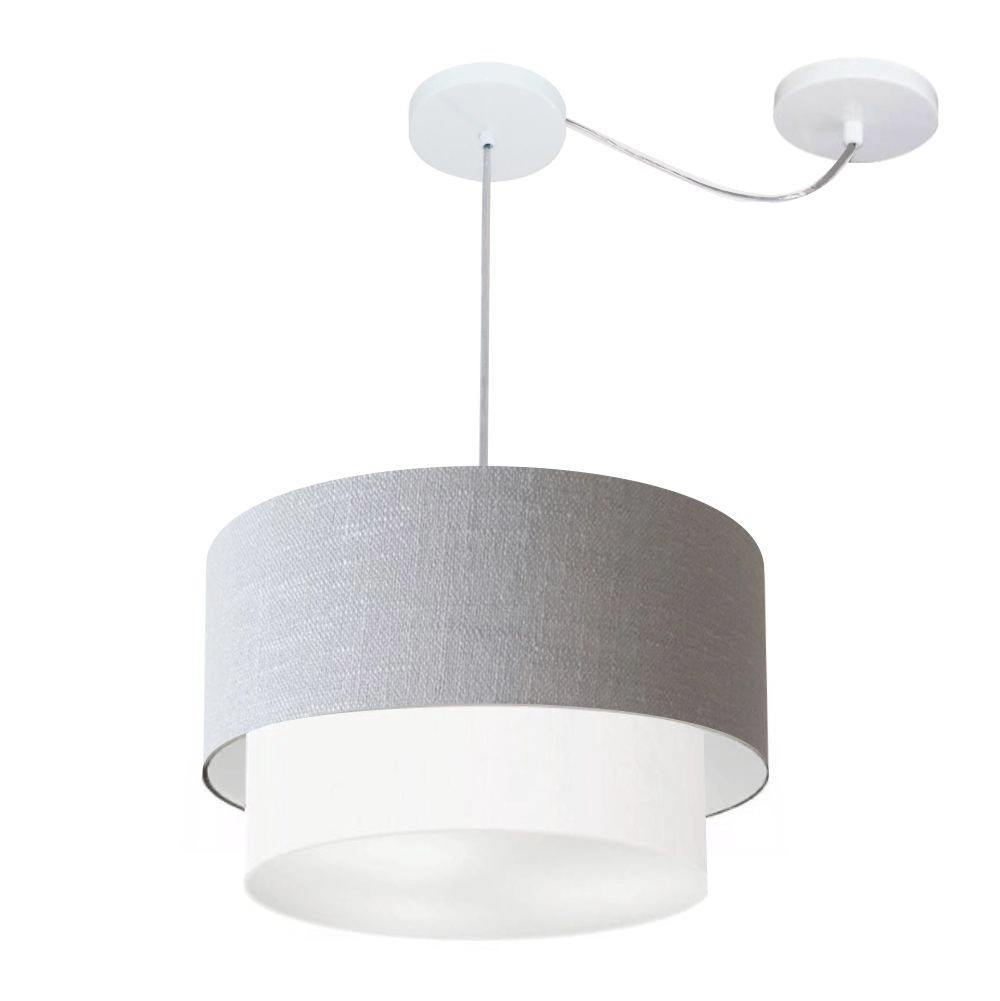 Pendente Duplo Cilíndrico Com Desvio De Centro Vivare Md-4364 Cúpula Em Tecido 40x35cm Rustico Cinza/Branco - 110v/220v
