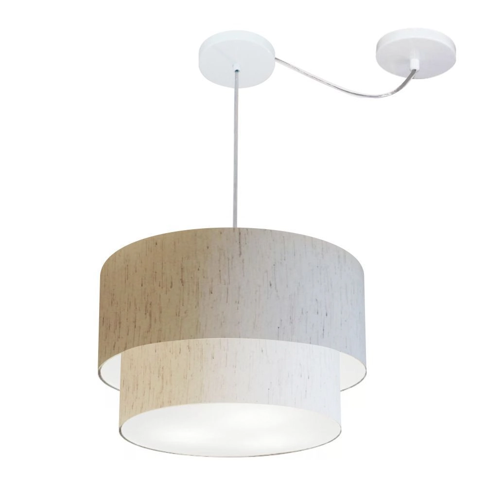 Pendente Duplo Cilíndrico Com Desvio De Centro Vivare Md-4364 Cúpula Em Tecido 40x35cm - Linho Bege - 110v/220v