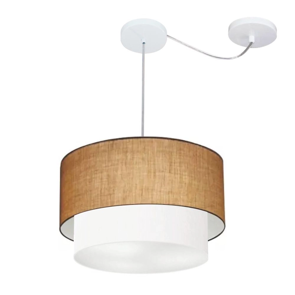 Pendente Duplo Cilíndrico Com Desvio De Centro Vivare Md-4364 Cúpula Em Tecido 40x35cm Palha/Branco - 110v/220v