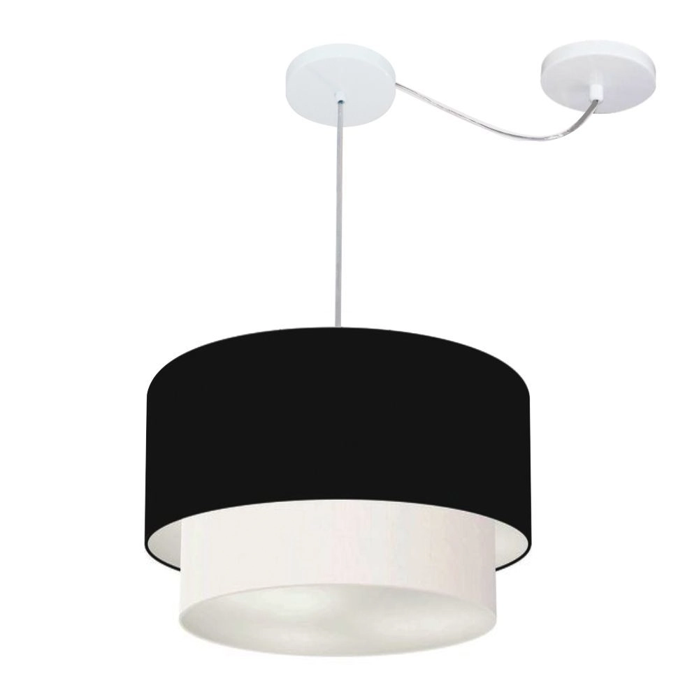Pendente Duplo Cilíndrico Com Desvio De Centro Vivare Md-4364 Cúpula Em Tecido 40x35cm - Preto/Branco - 110v/220v